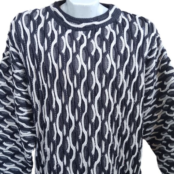 Large Bergati Mens Vintage Sweater Black & White Textured Knit Acrylic Syria 90s - Picture 1 of 6